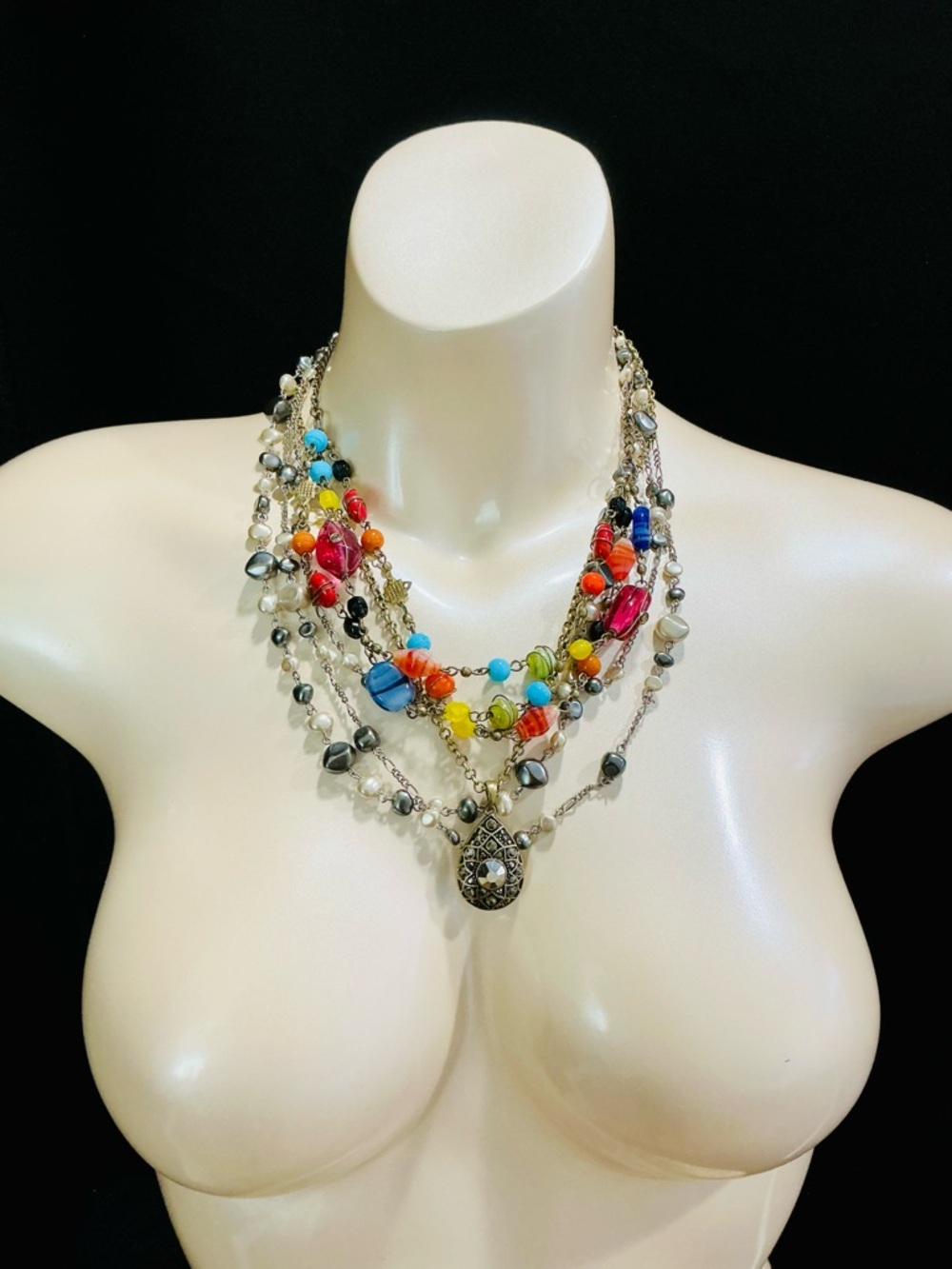 Multicolor Bead Layered Statement Necklace with Faux Pearls and Silver Accents